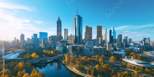Modern Skyline with High-Rise Office Buildings under Blue Sky