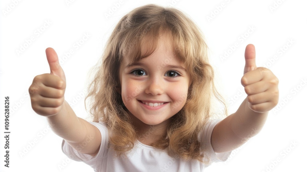 Smiling young girl with wavy blonde hair enthusiastically giving two thumbs up against a bright white background. Smiling young girl with wavy blonde hair enthusiastically giving two thumbs up against a bright white background.