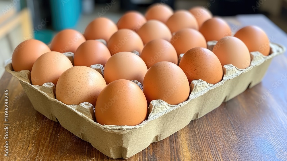 Fresh brown chicken eggs neatly arranged in a cardboard carton on a rustic wooden table, showcasing their smooth, unblemished surfaces and natural hues. Fresh brown chicken eggs neatly arranged in a cardboard carton on a rustic wooden table, showcasing their smooth, unblemished surfaces and natural hues.