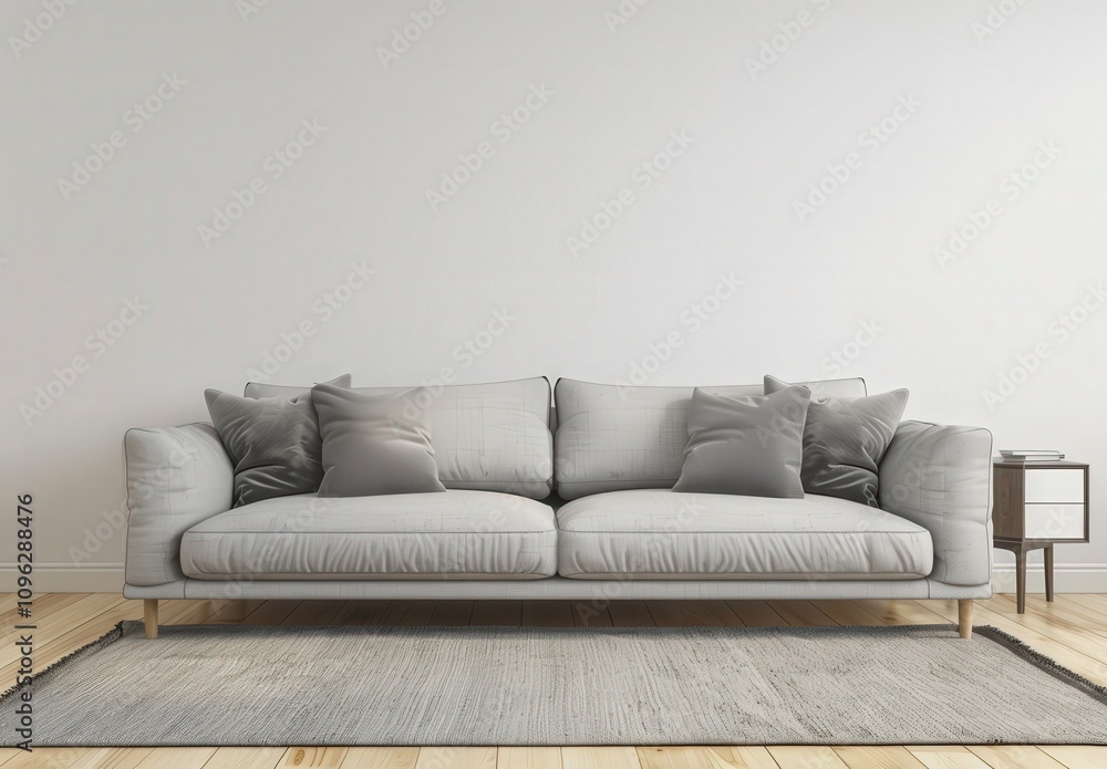A modern living room with a white sofa, a wooden coffee table, and a white wall with decorative elements A modern living room with a white sofa, a wooden coffee table, and a white wall with decorative elements