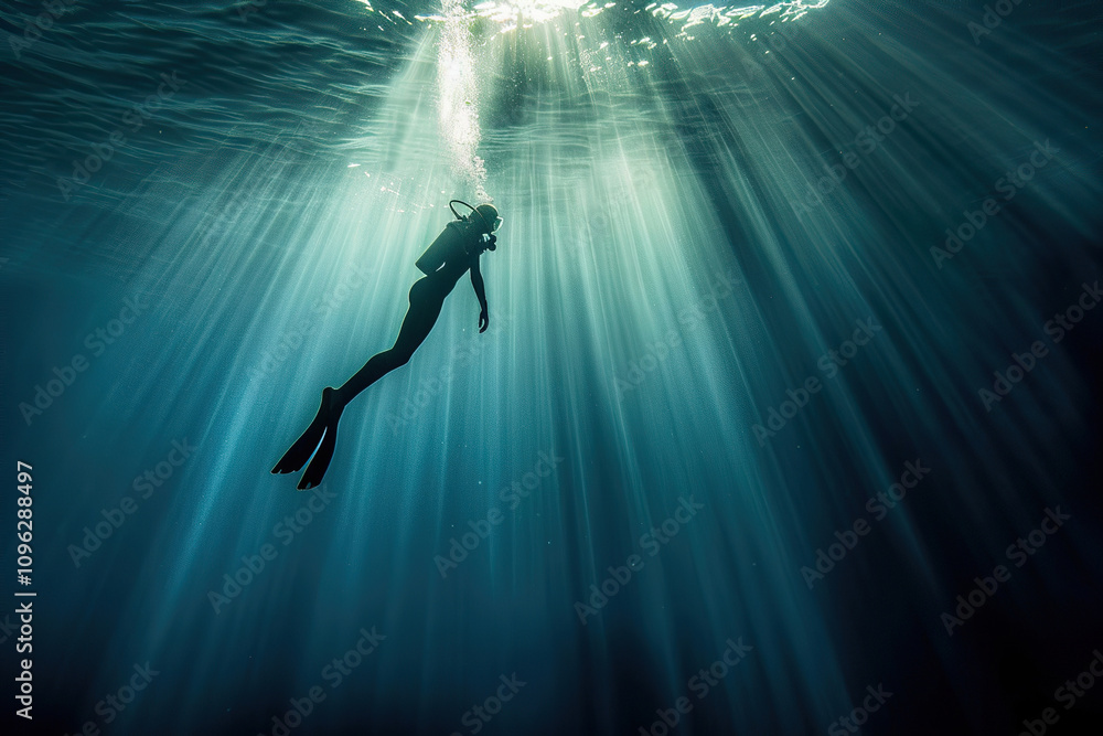 Beautiful diver goes on an underwater adventure in frighteningly deep sea Beautiful diver goes on an underwater adventure in frighteningly deep sea