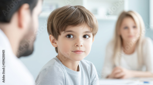 Child receiving medical care from doctor in presence of mother, concept of pediatric healthcare