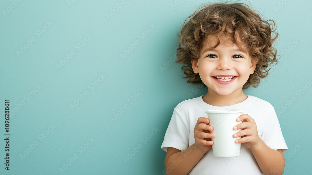 Smiling child holding a white paper cup against a vibrant turquoise background Smiling child holding a white paper cup against a vibrant turquoise background
