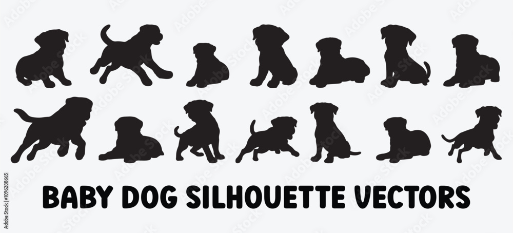 Fototapeta premium Collection Of Adorable Baby Dog Silhouette Vectors, Charming Pet Illustrations for Creative Designs
