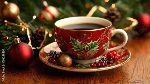 Wallpaper Mural Festive coffee cup decorated with holiday motifs, surrounded by ornaments and pinecones, resting on a rustic wooden table. Torontodigital.ca