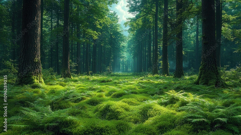 Obraz premium Enchanted Ancient Forest with Giant Trees and Lush Green Underbrush, Capturing the Serenity and Beauty of Nature's Timeless Landscape