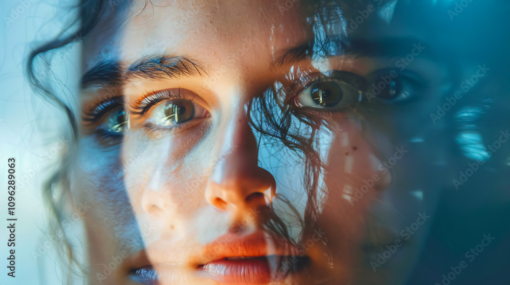 Fototapeta premium Dissociating: A close-up of a young woman struggling with multiple identity disorder, captured with a double exposure effect.