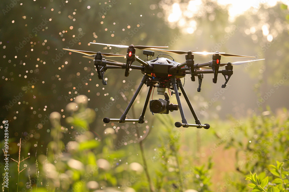 Drone flying in sky over beautiful nature during observation from top Drone flying in sky over beautiful nature during observation from top