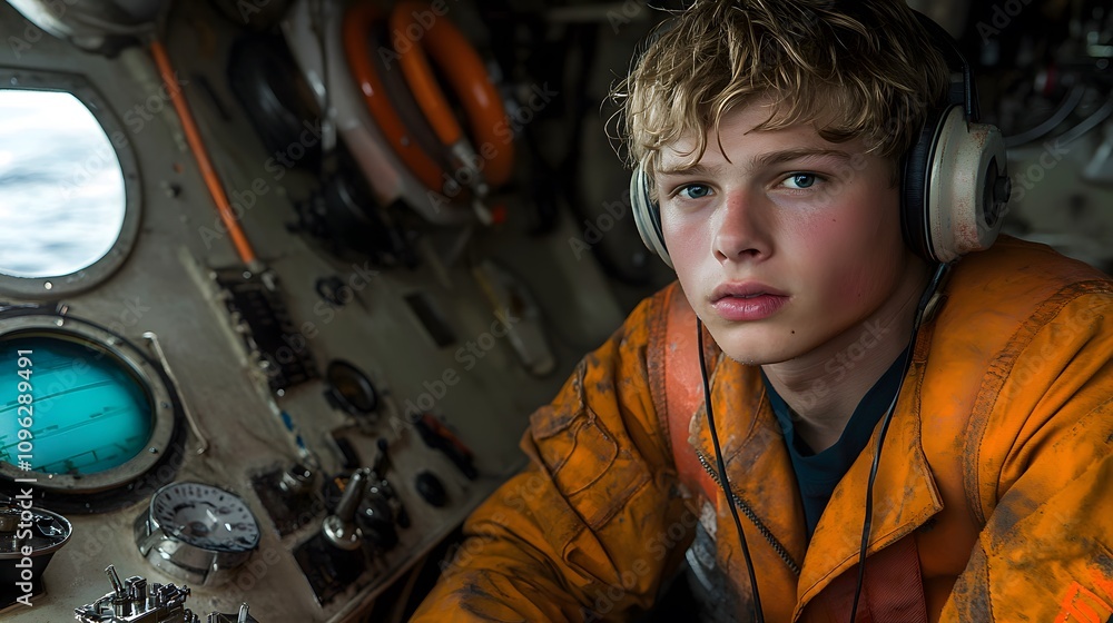 A young person in an orange jacket sits in a control room, headphones on, gazing thoughtfully. A young person in an orange jacket sits in a control room, headphones on, gazing thoughtfully.