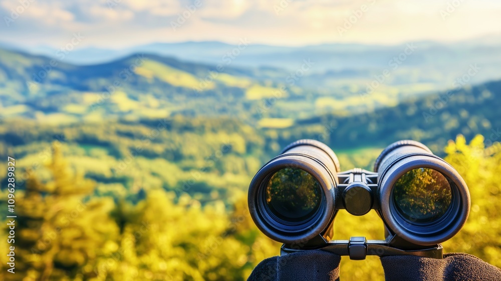 Binoculars Focusing on Scenic Landscape View