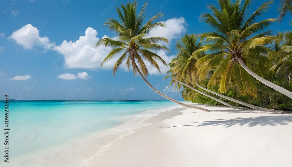 Fototapeta premium Secluded Beach pristine white sandy beach with crystal-clear turquoise water Rows of palm trees swaying gently in the breeze. peaceful atmosphere perfect for advertisements