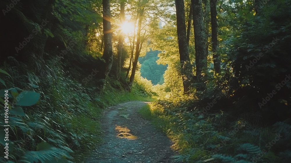 Obraz premium Morning sunlight illuminating a serene forest path nature trail scenic view tranquil environment outdoor adventure