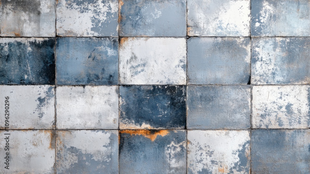 Fototapeta premium Weathered blue and white square tiles.