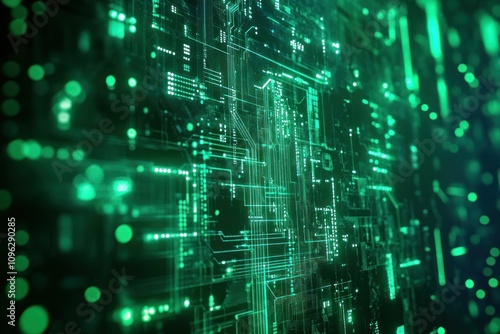 Green digital circuit board with glowing lights, representing high-tech innovation, computer systems, and electronic networks