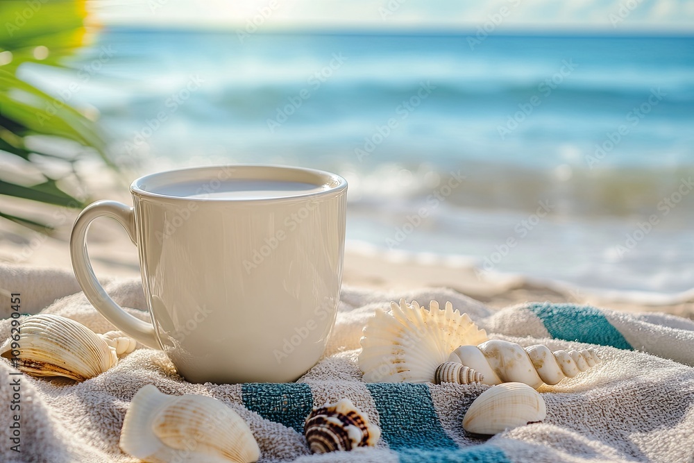 Morning coffee by the beach tranquil shoreline lifestyle image natural setting serene view relaxation concept Morning coffee by the beach tranquil shoreline lifestyle image natural setting serene view relaxation concept
