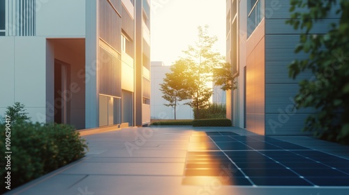 Modern Building with Solar Panels at Sunset