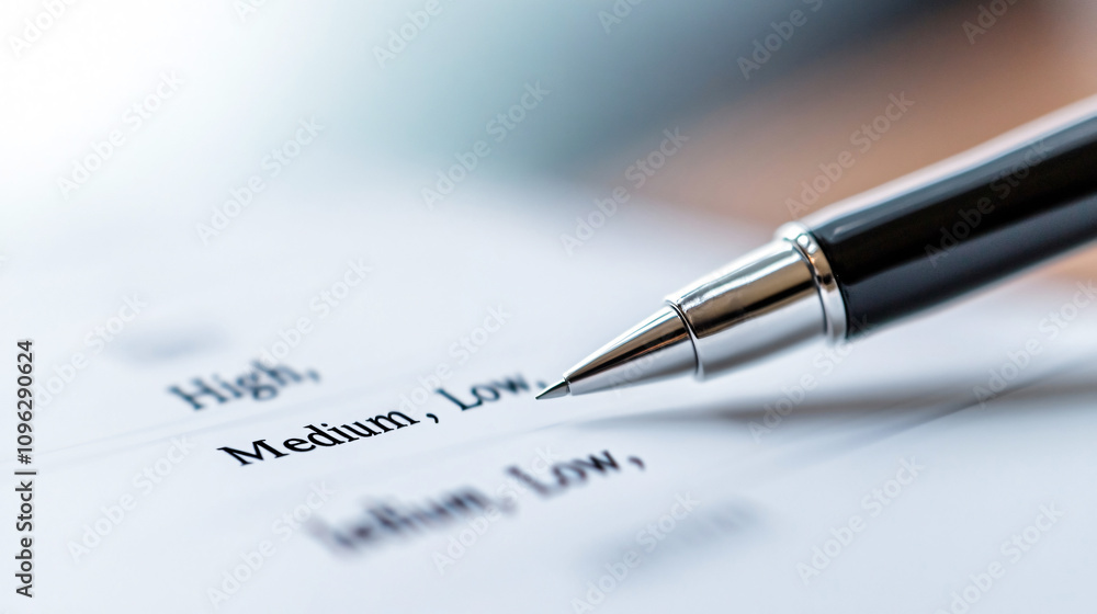 Close-up of pen indicating medium risk level on printed survey, emphasizing risk assessment and decision-making Close-up of pen indicating medium risk level on printed survey, emphasizing risk assessment and decision-making