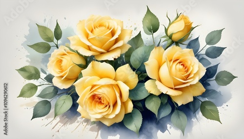 Watercolor bouquet of yellow roses green foliage on textured surface, spring-inspired illustration photo