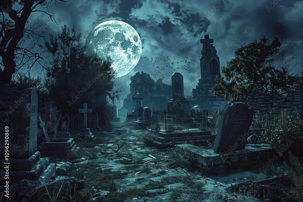 Obraz premium Fantastically mysterious cemetery with tombstones and scary atmosphere