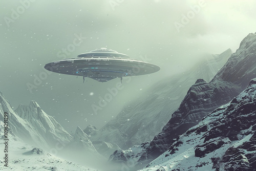 Wallpaper Mural Iron oval UFO saucer hovering over beautiful landscape in dramatic sky Torontodigital.ca