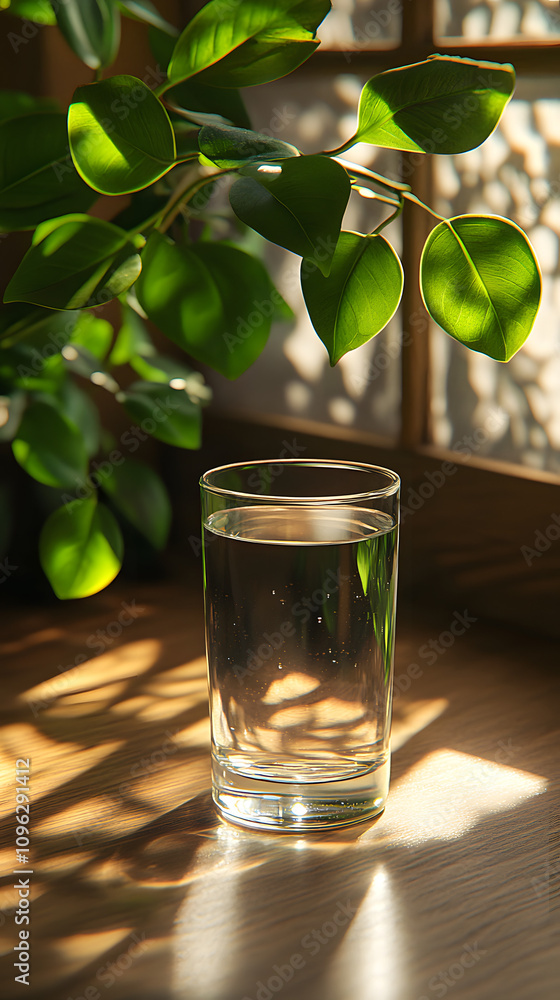 A glass of water sits on a table with light green leaves casting soft shadows, creating a tranquil and refreshing atmosphere. This image conveys a sense of peace and simplicity, showcasing the beauty A glass of water sits on a table with light green leaves casting soft shadows, creating a tranquil and refreshing atmosphere. This image conveys a sense of peace and simplicity, showcasing the beauty