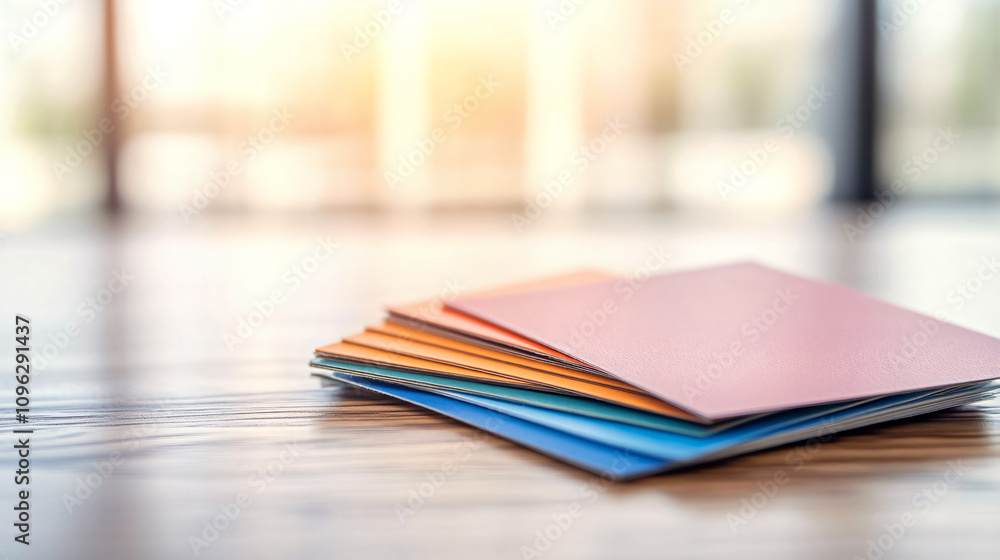 Colorful notebooks stacked on wooden table in modern office, representing organization, creativity, and productivity Colorful notebooks stacked on wooden table in modern office, representing organization, creativity, and productivity