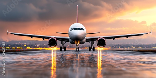 Airplane landing on vibrant runway aviation hub aesthetic photography dynamic environment ground level aerodynamics impact