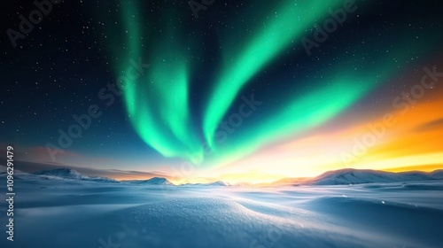 Breathtaking View of the Northern Lights Illuminating a Serene Winter Landscape Under a Starry Sky with Vibrant Green and Orange Hues at Dusk