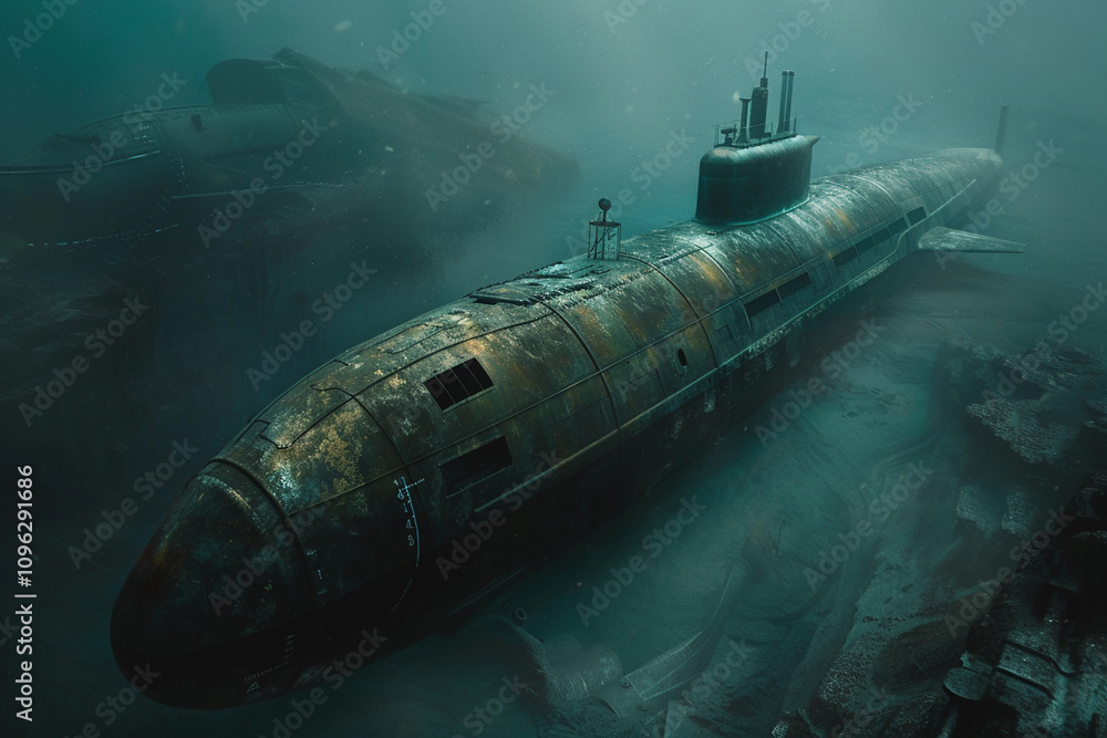 Beautiful large submarine floating in middle of ocean during mission