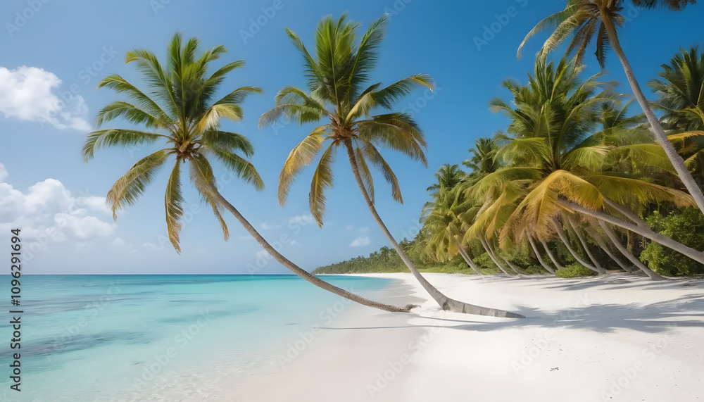 Fototapeta premium Secluded Beach pristine white sandy beach with crystal-clear turquoise water Rows of palm trees swaying gently in the breeze. peaceful atmosphere perfect for advertisements
