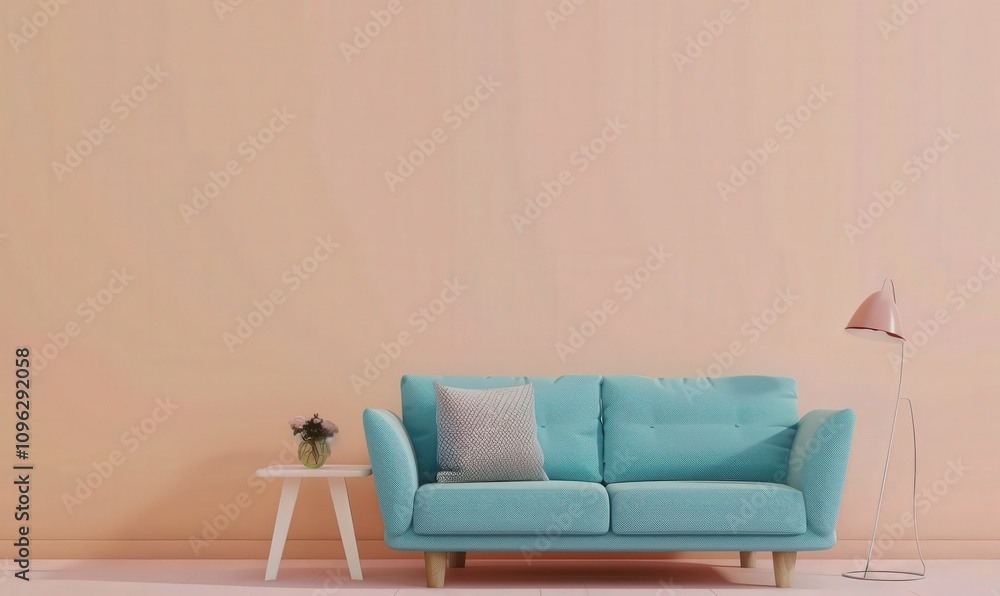Minimalist living room interior with a blue sofa. a white side table. and a potted plant against a peach wall Minimalist living room interior with a blue sofa. a white side table. and a potted plant against a peach wall