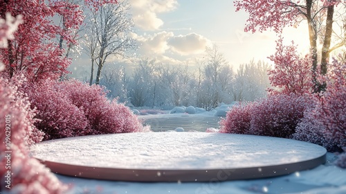 Podium for products against the backdrop of a winter landscape, Christmas sales