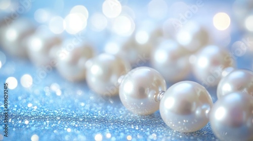 Luminous pearls gracefully arranged on a shimmering blue backdrop, creating an elegant and sophisticated visual effect. photo