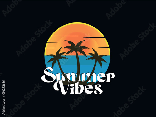 Tropical summer Vibes t shirt design, Beach-themed retro summer vibes, Sunset and palm tree t-shirt design. photo