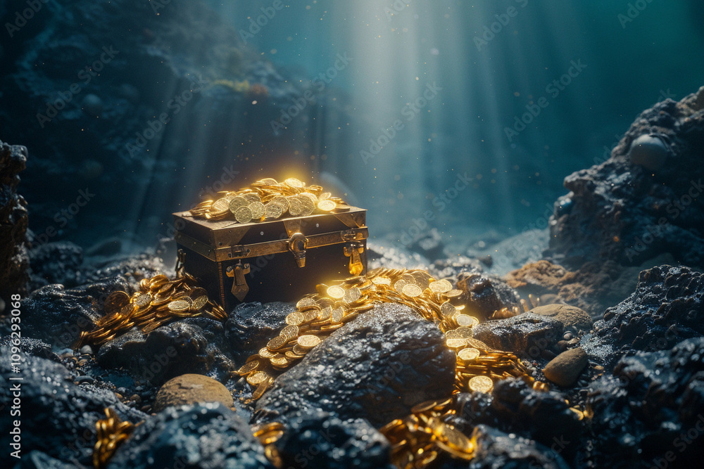 Fantastic treasure from big pirate chest with antique gold coins Fantastic treasure from big pirate chest with antique gold coins