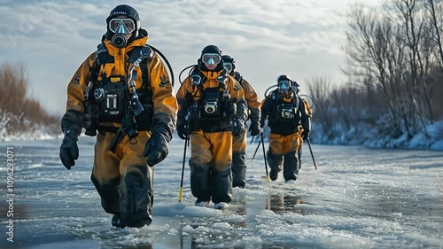 Wallpaper Mural Rescue divers walk along the frozen river Torontodigital.ca