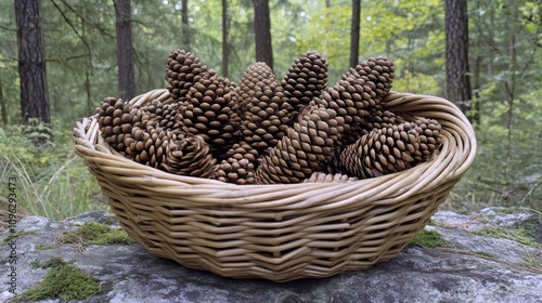 Wicker basket filled with pine cones set against a lush forest backdrop, showcasing nature's textures and earthy tones. photo