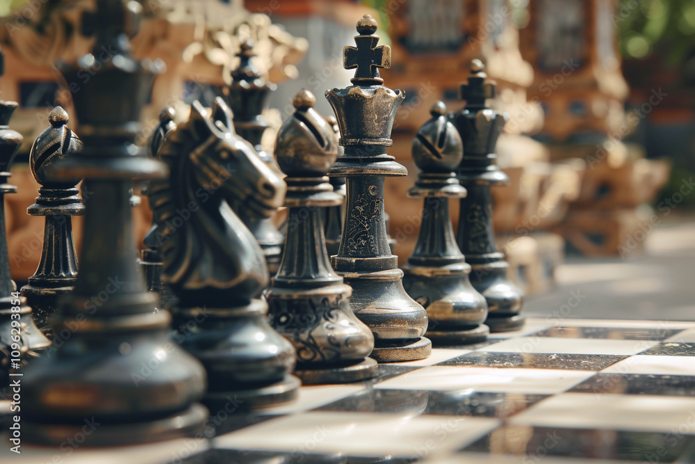 Chess piece standing on checkered game board during game of chess Chess piece standing on checkered game board during game of chess