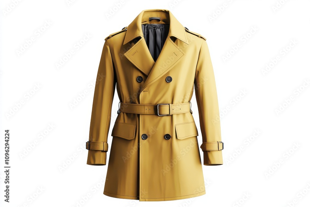 Classic neutral yellow men’s trench coat with a belted waist and double-breasted design, displayed on a white background, ideal for fashion marketing, catalogs, or branding campaigns. Classic neutral yellow men’s trench coat with a belted waist and double-breasted design, displayed on a white background, ideal for fashion marketing, catalogs, or branding campaigns.
