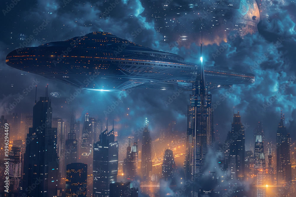 Obraz premium Iron oval UFO saucer hovering over beautiful landscape in dramatic sky