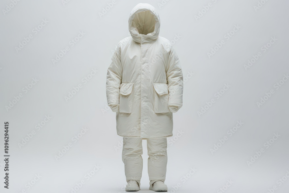 Full-length white parka coat on white background for winter fashion and outdoor projects Full-length white parka coat on white background for winter fashion and outdoor projects