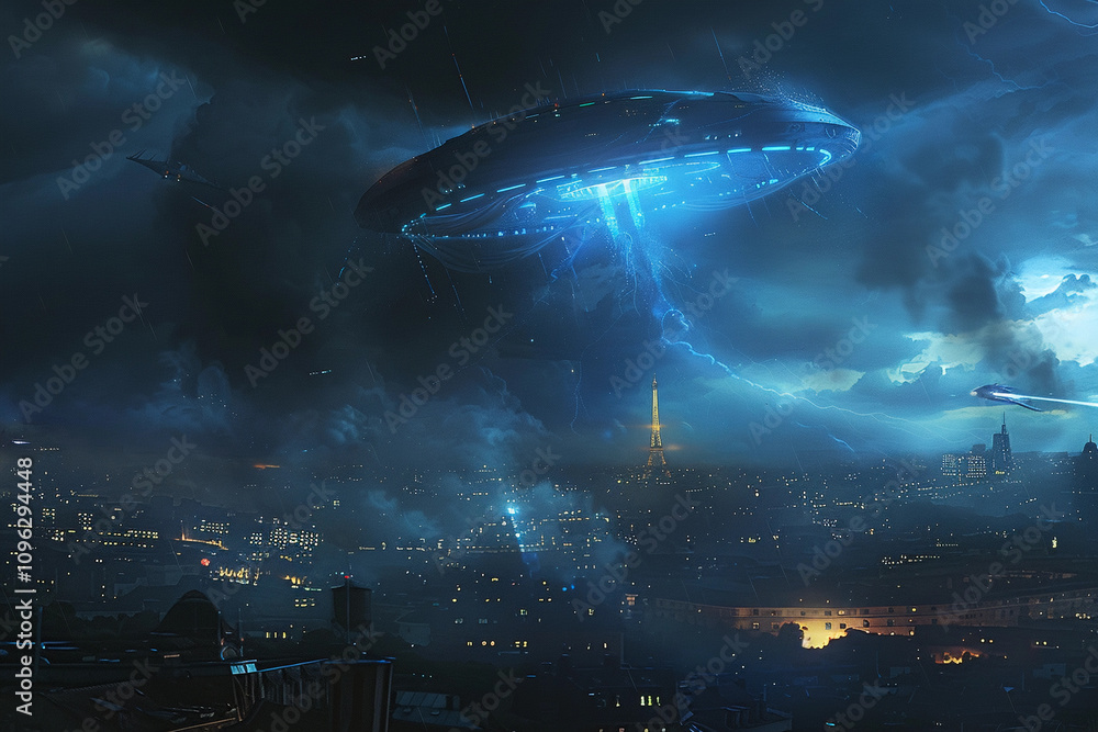 Iron oval UFO saucer hovering over beautiful landscape in dramatic sky Iron oval UFO saucer hovering over beautiful landscape in dramatic sky