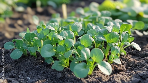 New green sprouts breaking through rich soil, symbolizing vitality and growth in a vibrant garden bathed in sunlight. photo