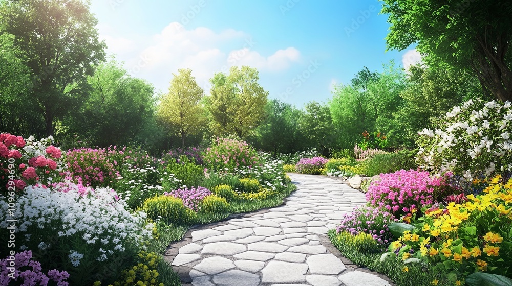 Fototapeta premium Malownicza ścieżka przez tętniący życiem ogród kwiatowy, naturalny azyl, krajobraz na świeżym powietrzu, spokojna atmosfera, piękno w ciągu dnia