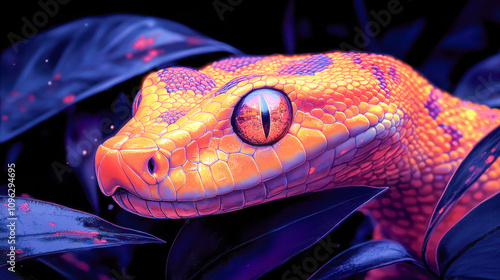 Vibrant orange python with vivid eyes in lush jungle foliage at night