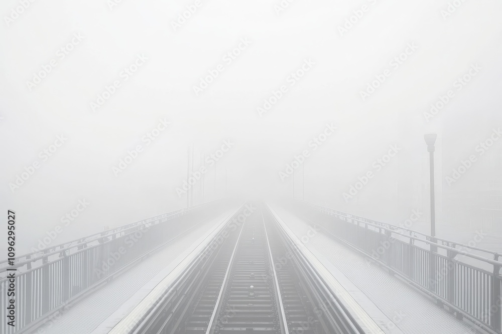 Obraz premium Misty Train Tracks in Foggy Weather, Capturing an Eerie Sense of Isolation and Tranquility on a Quiet Morning, Ideal for Travel and Landscape Themes