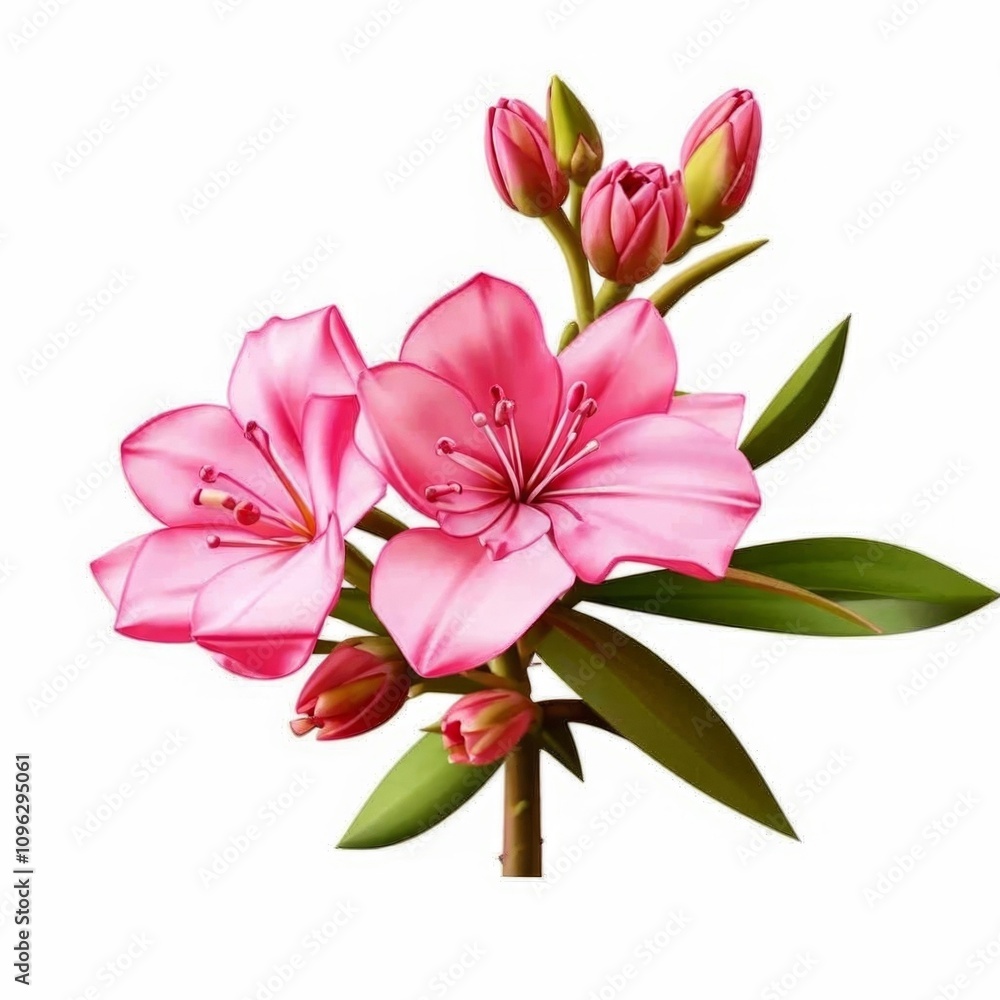 Fototapeta premium Oleander flowers, isolated against a white background with a focus on a pink flower. Generated by AI.