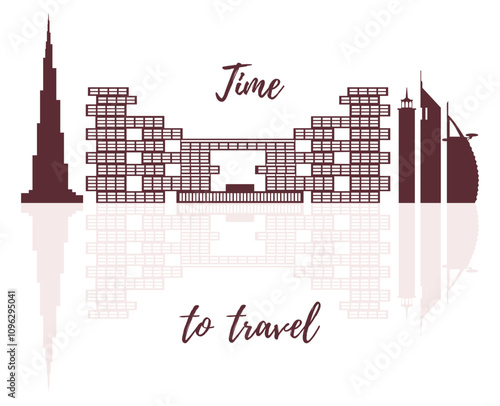 United Arab Emirates skyscrapers silhouette. Dubai buildings, hotels and symbol vector illustration. Dubai city skyline. Towers and landmarks cityscape. Camel. Design for banner, poster or print.