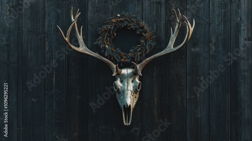 Elk skull adorned with antlers and a rustic wreath on a dark wooden wall, embodying pagan traditions and mystical themes for Halloween decor. photo