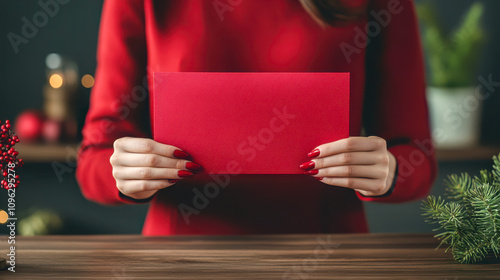 Woman in red dress holding festive envelope at christmas celebration indoors